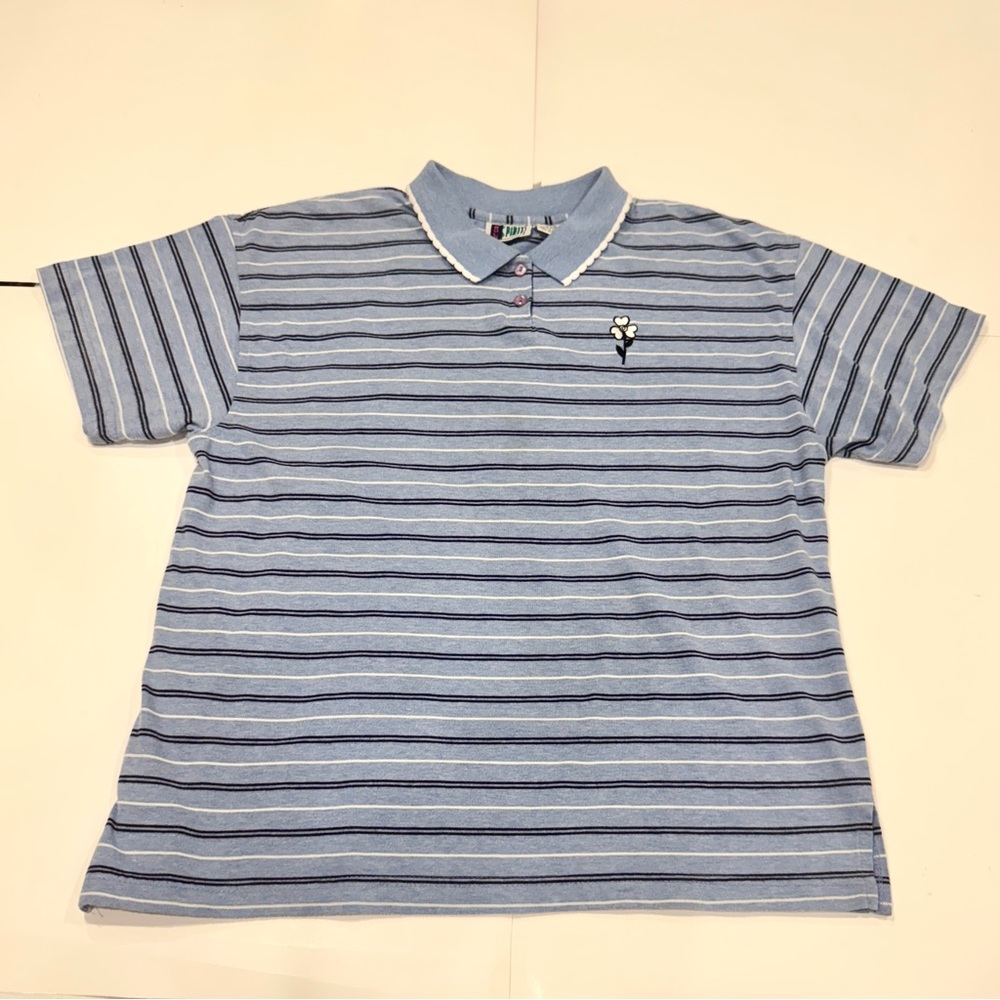 Vintage Bold Spirit Polo Shirt Size L Blue Striped Flower Logo 90s Cotten Blend